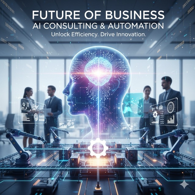 Modern office in the background. Had with the light that represent AI in front transparent